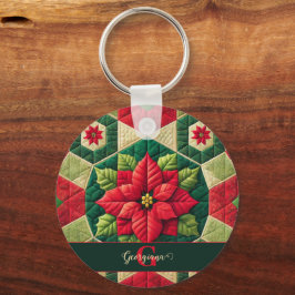 Anpassat namn Festive Blommigt Patchwork Poinsetti Nyckelring