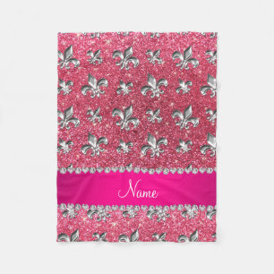 Anpassat namn fleur de lis fuchsia rosa glitter fleecefilt