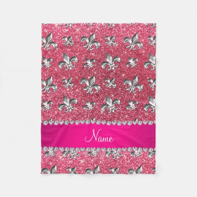 Anpassat namn fleur de lis fuchsia rosa glitter fleecefilt (Framsidan)