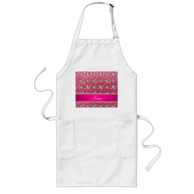 Anpassat namn fleur de lis fuchsia rosa glitter långt förkläde (Framsidan)