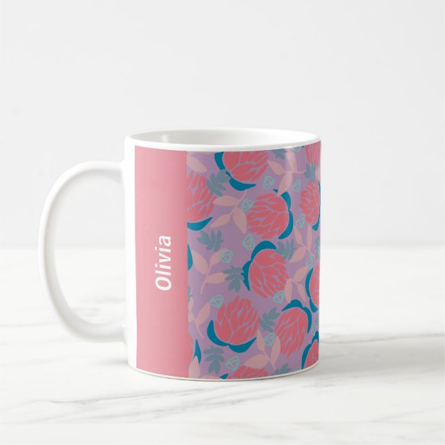 Anpassat namn floral protea rosa orange feminint kaffemugg (Vänster)