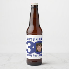 Anpassat namn för 30års födelsedag - marblått, vit ölflaska etikett