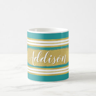 Anpassat namn för Aqua Blue Guld Rand Mönster Kaffemugg