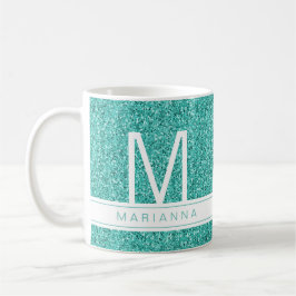 Anpassat namn för Aqua Teal Blue Glitter Monogram Kaffemugg