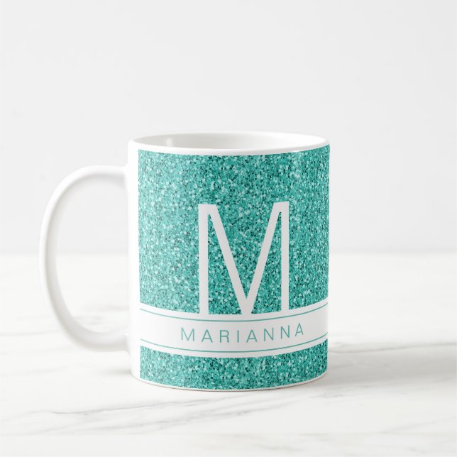 Anpassat namn för Aqua Teal Blue Glitter Monogram Kaffemugg (Vänster)