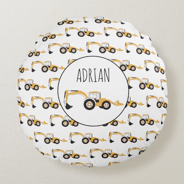 Anpassat namn för Backhoe Construction Lastbil Rund Kudde (Framsidan)