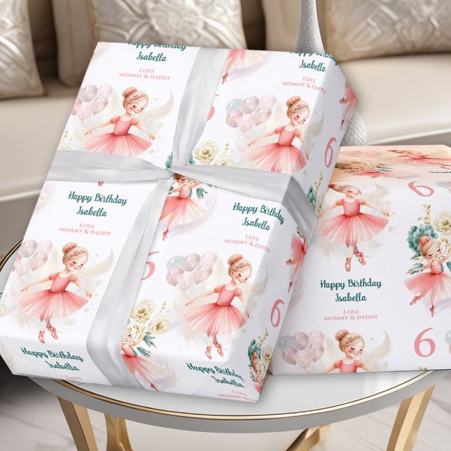 Anpassat namn för Ballerina Blond Girl Birthday Ro Presentpapper (Ballerina Blond Girl Birthday Pink Custom Name Wrapping Paper)