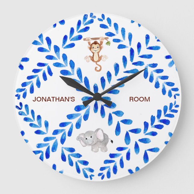 Anpassat namn för Barn Blue & White Monkey Elephan Stor Klocka (Framsida)