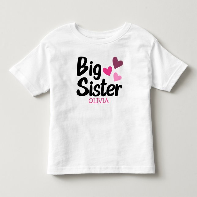 Anpassat namn för Big Sister med rosa-hjärtan T Shirt (Framsida)