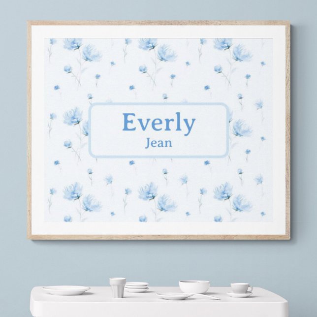 Anpassat namn för blå Blommigt Decor Baby Nursery Poster (Customize name! Shown with white mat and wood frame. (you will receive print only). Thank you!)