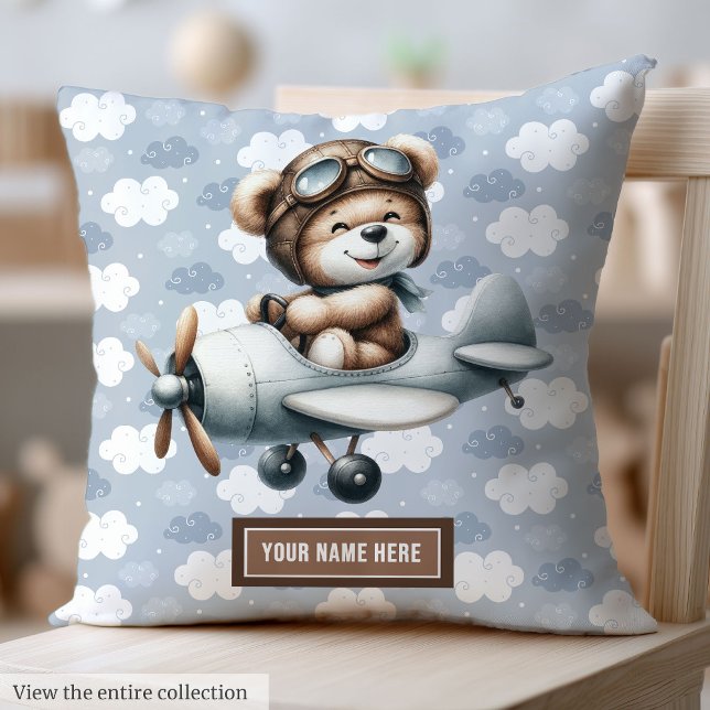 Anpassat namn för blå Nalle Pilot Pojke Pillow Kudde (Blue Teddy Bear Pilot Baby Boy Pillow Custom Name)
