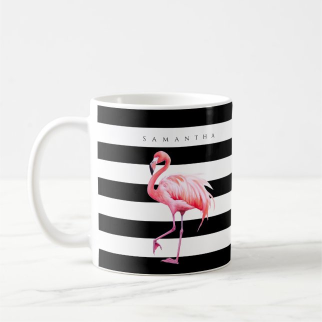 Anpassat namn för Black & White Rand Rosa Flamingo Kaffemugg (Vänster)