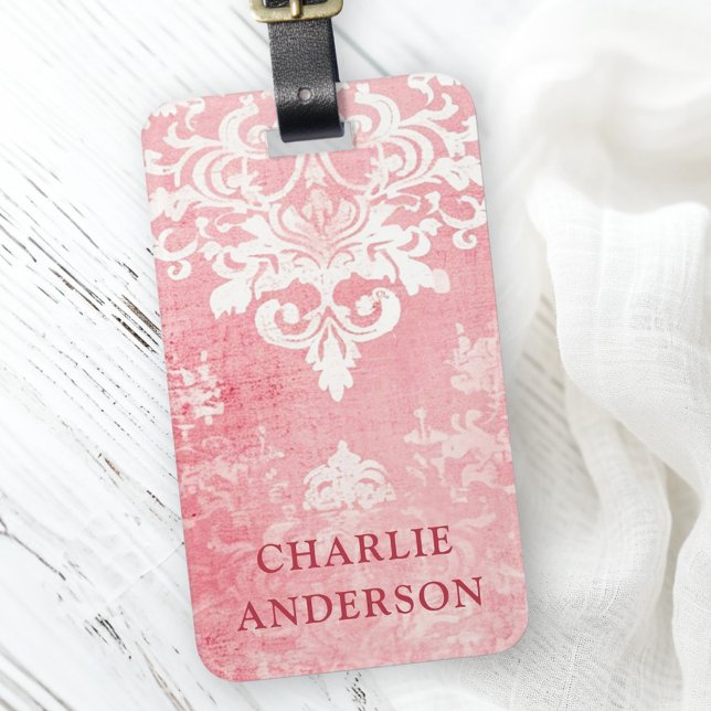 Anpassat namn för blommigt för dämpning av rosa vi bagagebricka (Pink vintage damask floral custom name luggage tag)