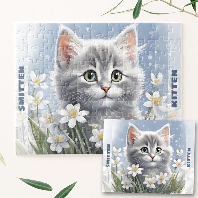 Anpassat namn för Blommigten Cute Kitten Winter Vå Pussel (Cute Kitten Cat Winter Spring Floral Custom Name Jigsaw Puzzle)