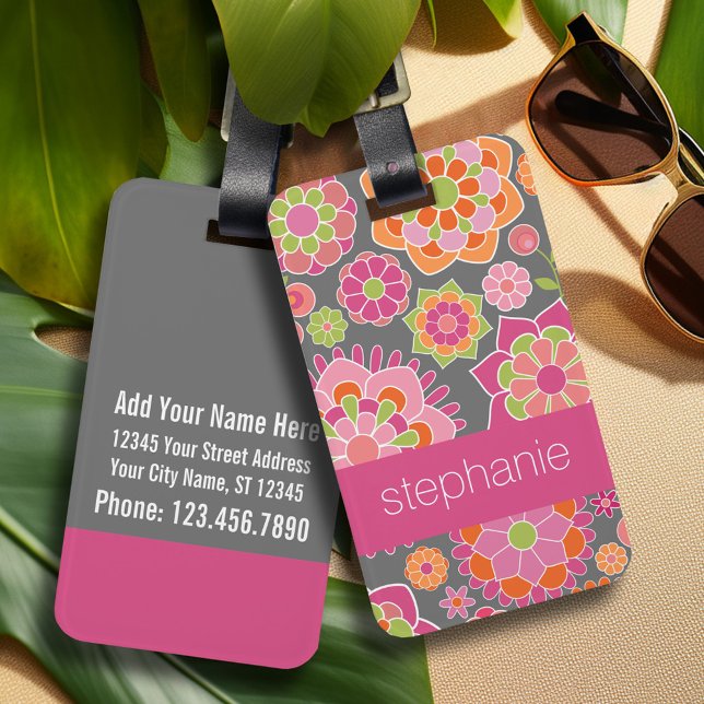 Anpassat namn för Blommönstret Färgat Vår Bagagebricka (Personalized luggage tag - vibrant colors and custom text)