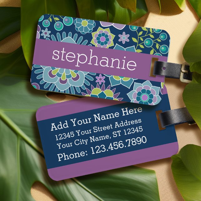 Anpassat namn för Blommönstret Färgat Vår Bagagebricka (Personalized luggage tag - floral)
