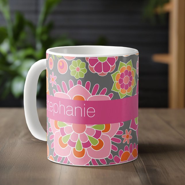 Anpassat namn för Blommönstret Färgat Vår Kaffemugg (Custom Monogram Mug)