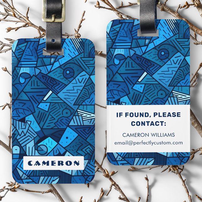 Anpassat namn för Blue abstrakt geometric mönster Bagagebricka (Blue abstract geometric pattern custom name luggage tag)