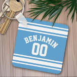 Anpassat namn för Blue and White Jersey Rand Nyckelring<br><div class="desc">Om du är ägare till Fantasy Football Team,  gör dina egna produkter och visa upp för dina vänner! Eller - spelar du High School Football och vill ha ett PM? Den här sportdesignen är perfekt för alla idrottsmän som spelar fotboll eller baseboll.</div>