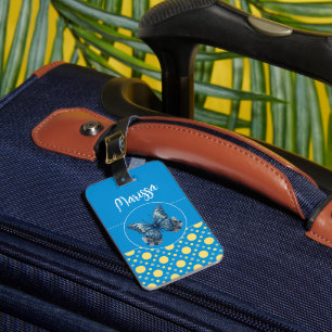 Anpassat namn för Blue Gult Polka dots Butterfly Bagagebricka
