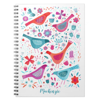 Anpassat namn för Boho Birds and Flowers Watercolo Anteckningsbok