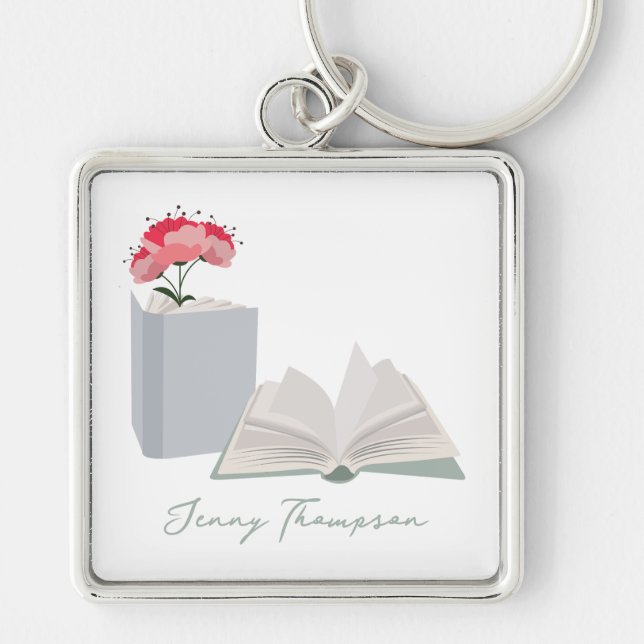 Anpassat namn för botaniskt Bokar & Bibliotek Fyrkantig Silverfärgad Nyckelring (Framsidan)