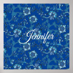 Anpassat namn för Calligraphy Elegant Blue Blommig Poster
