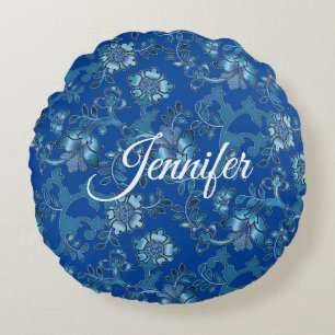 Anpassat namn för Calligraphy Elegant Blue Blommig Rund Kudde