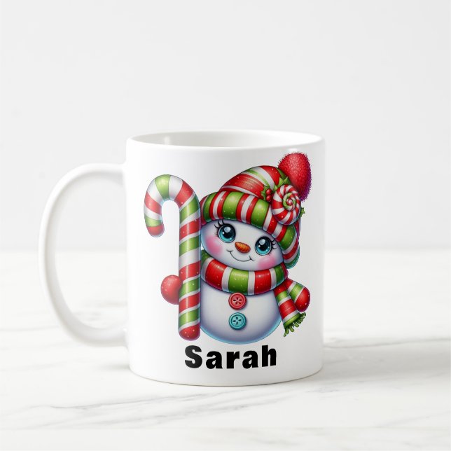 Anpassat namn för candy cane Snögubbe Kaffemugg (Vänster)