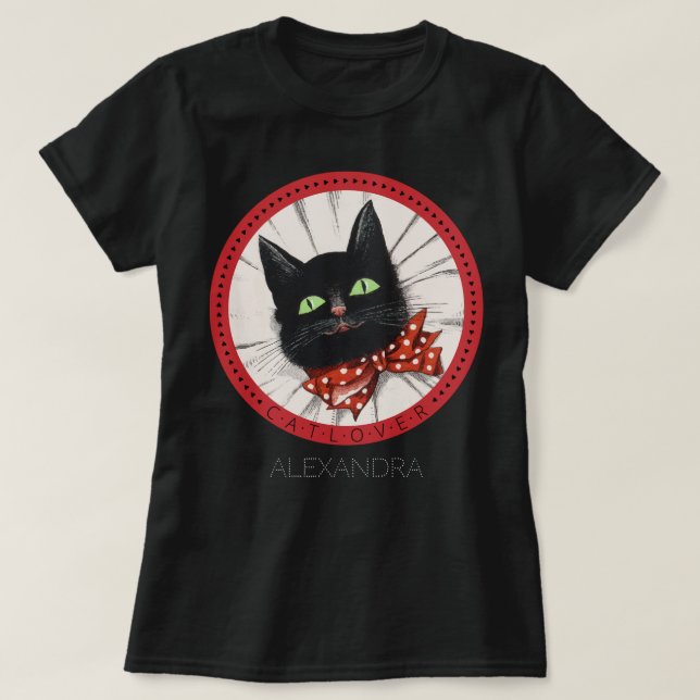 Anpassat namn för Cat Lover Bow Tie Red Black-Grön T Shirt (Design framsida)