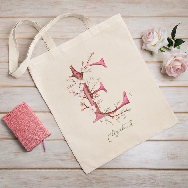 Anpassat namn för Cherry Blommar Brev 'E' Monogram Tygkasse (Skapare uppladdad)