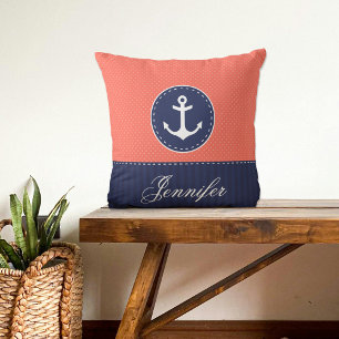 Anpassat namn för Coral Navy Blue Nautical Anchor  Kudde