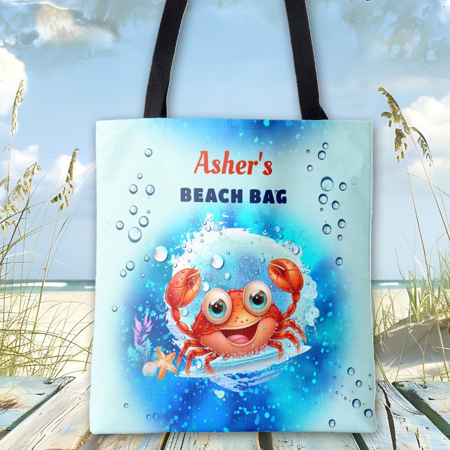 Anpassat namn för Crab Turcos Blue Boy Bassäng Bea Tygkasse (Crab Turquoise Blue Boy Pool Beach Custom Name Tote Bag)