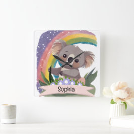 Anpassat namn för Cute Baby Koala Rainbow Fyrkantig Klocka