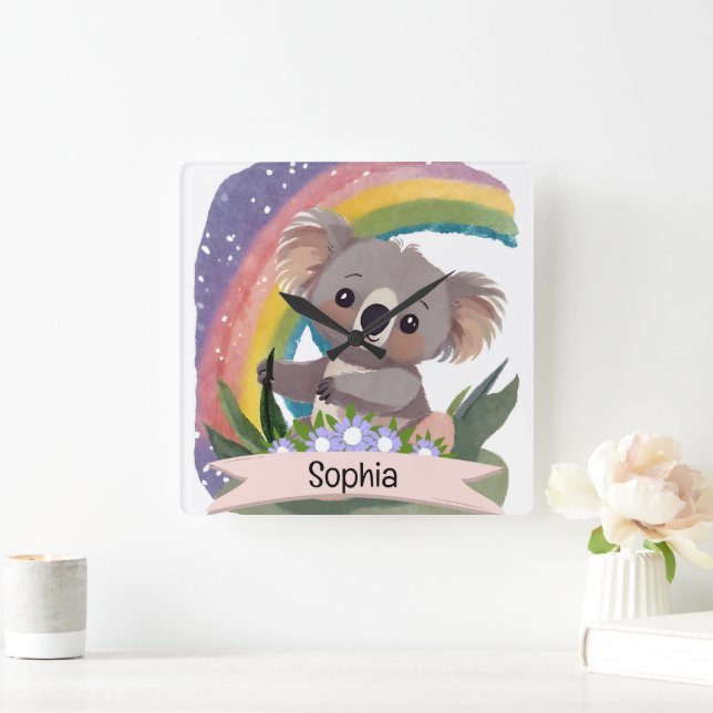 Anpassat namn för Cute Baby Koala Rainbow Fyrkantig Klocka (Hem)