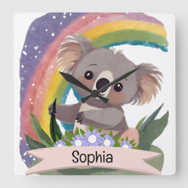 Anpassat namn för Cute Baby Koala Rainbow Fyrkantig Klocka