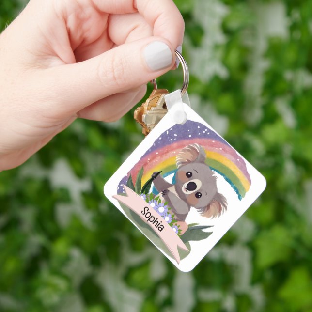 Anpassat namn för Cute Baby Koala Rainbow Nyckelring (Hand)