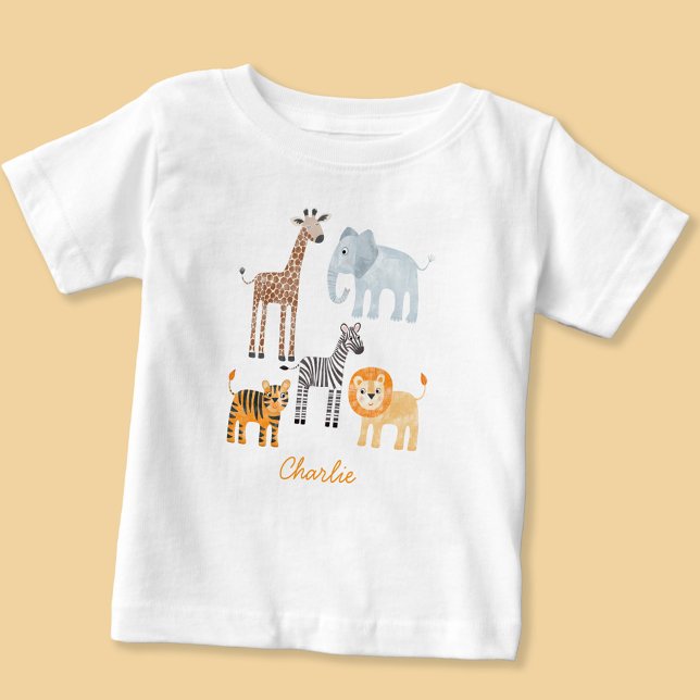 Anpassat namn för Cute Baby Safari Animal Watercol T Shirt (Fun cute watercolor baby safari animals baby t-shirt)