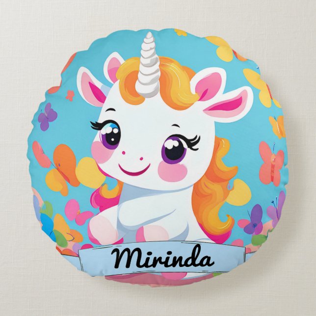 Anpassat namn för Cute Baby Unicorn Butterfly Rund Kudde (Framsidan)