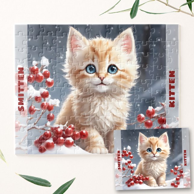 Anpassat namn för Cute Cat Kitten Vinter-jul Pussel (Cute Cat Kitten Winter Christmas Custom Name Jigsaw Puzzle)