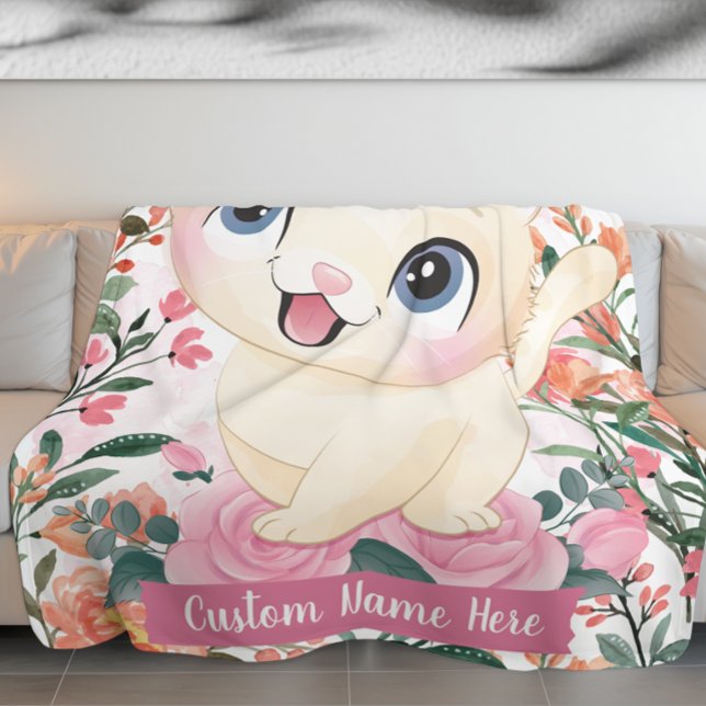 Anpassat namn för Cute Cat Rosa ros  blommor Fleecefilt (Cute Cat Pink Roses Blush Flowers Custom Name Fleece Blanket)