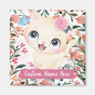 Anpassat namn för Cute Cat Rosa ros blommor Magnet