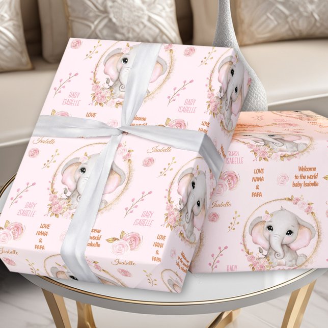 Anpassat namn för Cute Elephant Blommigt Rosa Flic Presentpapper (Cute Elephant Floral Pink Baby Girl Custom Name Wrapping Paper)
