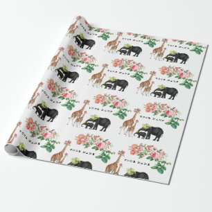 Anpassat namn för Cute Elephant & Giraffe Blommigt Presentpapper