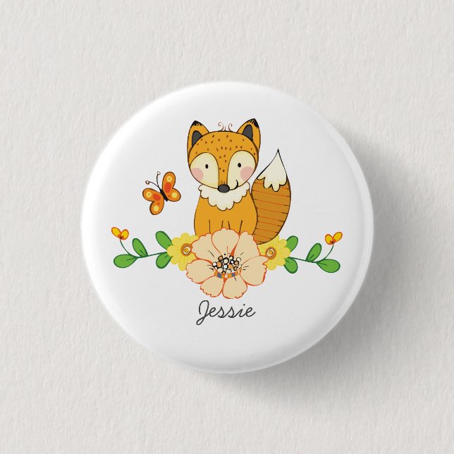 Anpassat namn för Cute Fox och blommigt Knapp (Framsida)