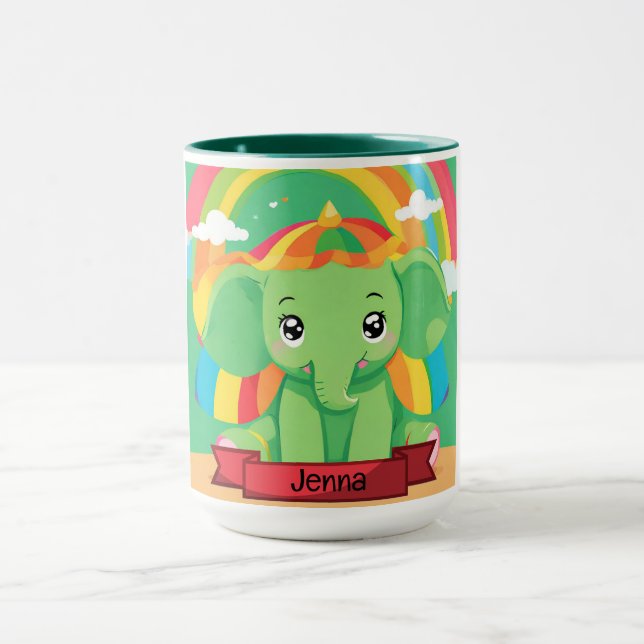 Anpassat namn för Cute Grönt Baby Elephant Rainbow Mugg (Center)