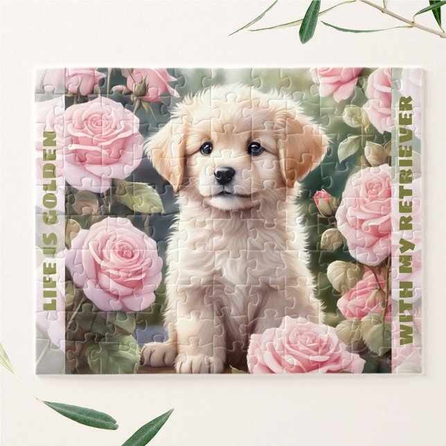 Anpassat namn för Cute Hund Golden Retriever Puppy Pussel (Cute Dog Golden Retriever Puppy Custom Name Jigsaw Puzzle)