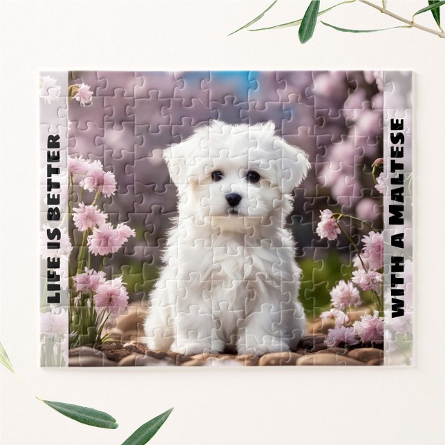 Anpassat namn för Cute Hund maltesisk marionett Vå Pussel (Cute Dog Maltese Puppy Spring Floral Custom Name Jigsaw Puzzle)