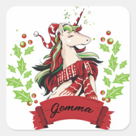 Anpassat namn för Cute Jul Unicorn Fyrkantigt Klistermärke