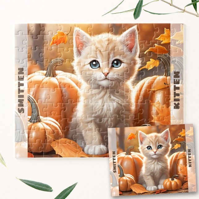 Anpassat namn för Cute Kitten Pumpkin Fall Autumn Pussel (Cute Kitten Cat Pumpkin Fall Autumn Custom Name Jigsaw Puzzle)